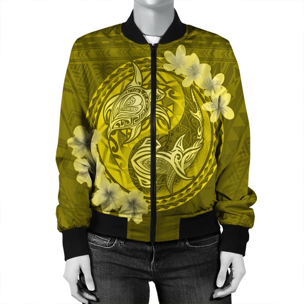 Hawaii Yin Yang Turtle Shark Hibiscus Plumeria Bomber Jacket - Yellow - AH - Polynesian Pride