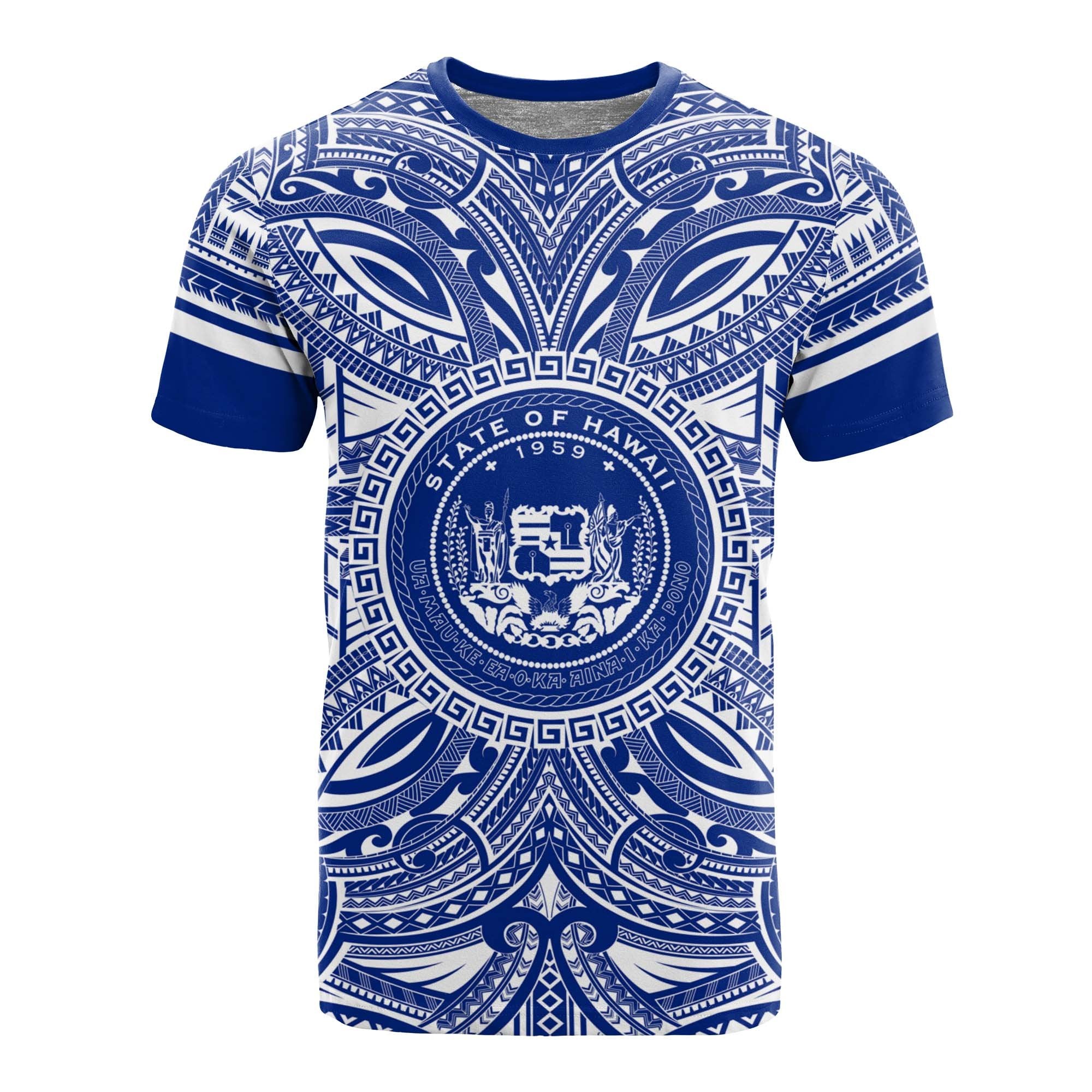 Hawaii T Shirt Hawaii Coat of Arms Polynesian Flag Color Unisex Blue - Polynesian Pride