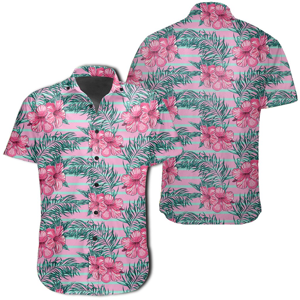 Hawaiian Shirt - Tropical Flowers Palm Leaves Hibiscus Strips Shirt Unisex Black - Polynesian Pride
