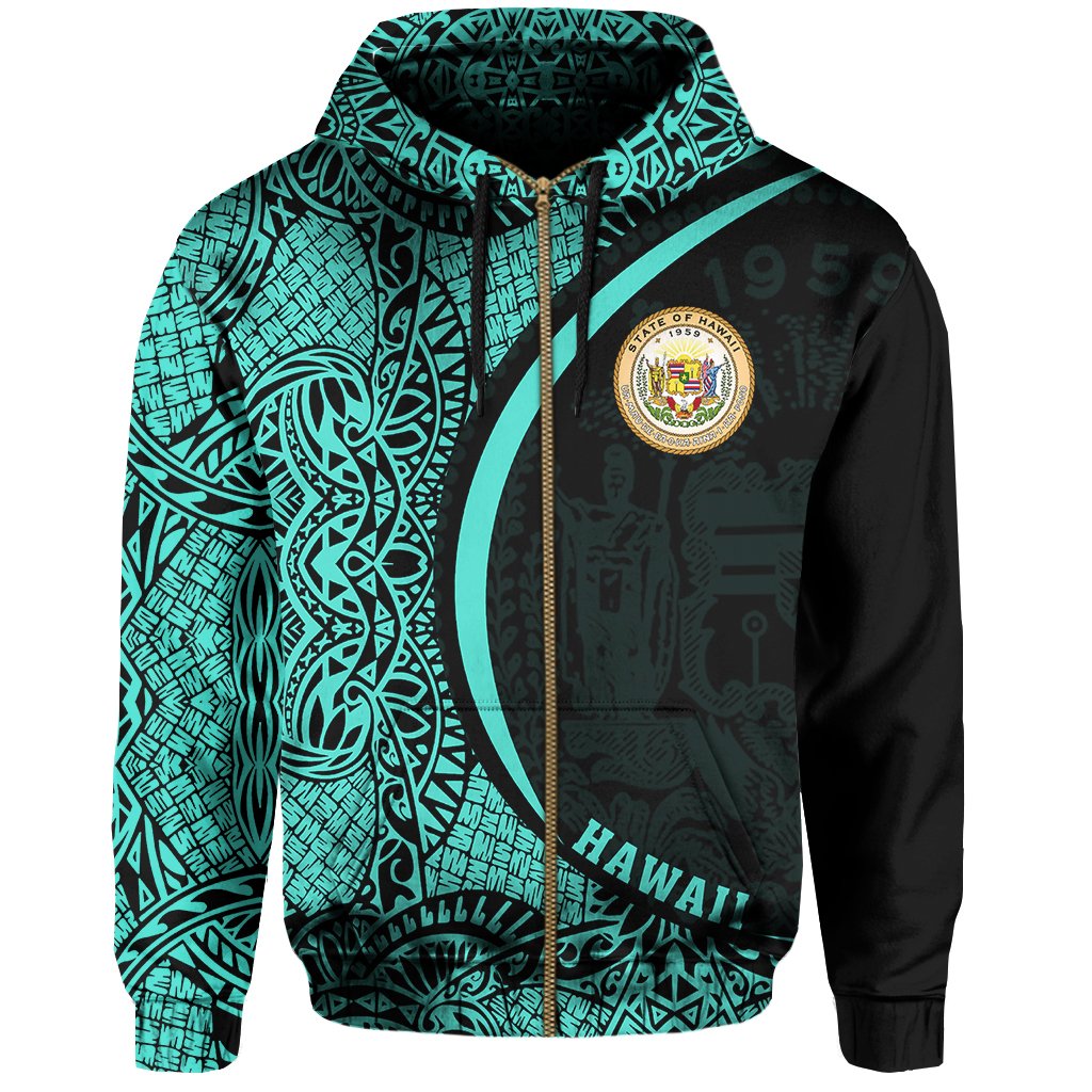 Hawaii Polynesian Zipper Hoodie Turquoise Round Style - Polynesian Pride