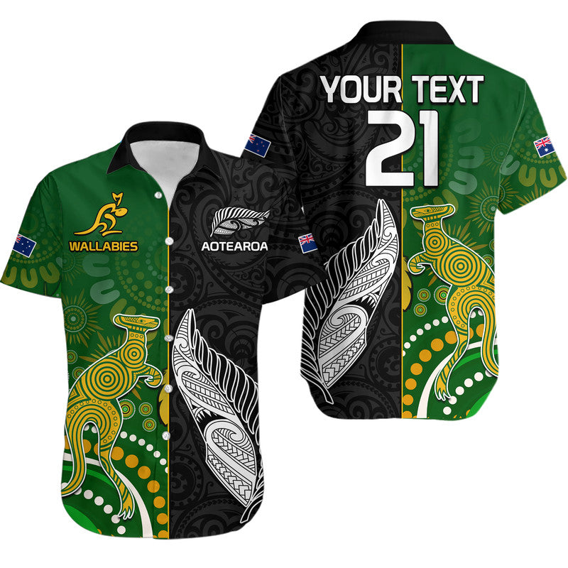 (Custom Personalised) Aotearoa Rugby All Black Combine Australia Wallabies Hawaiian Shirt Aboriginal Kangaroo And Maori Fern LT9 Black - Polynesian Pride