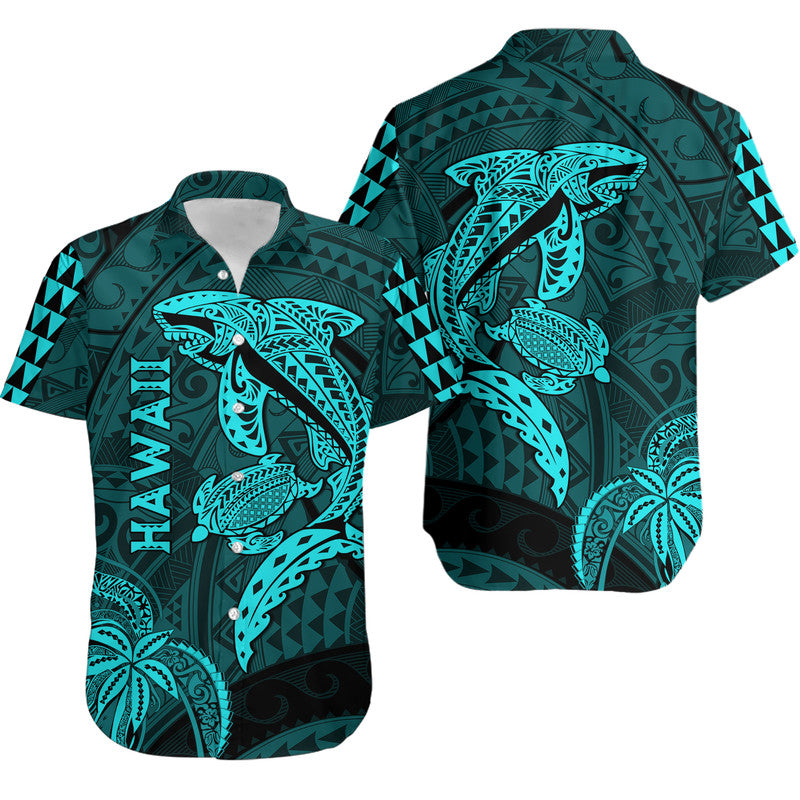 Hawaii Hawaiian Shirt Shark and Turtle Mix Kakau Turquoise LT9 Turquoise - Polynesian Pride