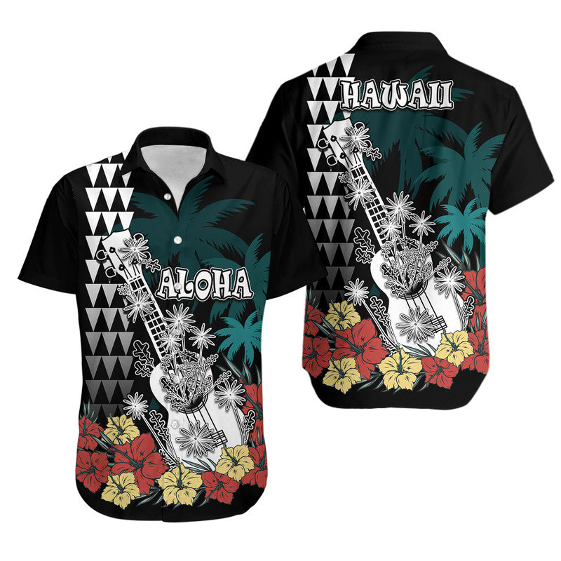 Hawaii Ukulele Mix Hibiscus and Coconut Tree Hawaiian Shirt Aloha Vintage Black Version LT9 Black - Polynesian Pride