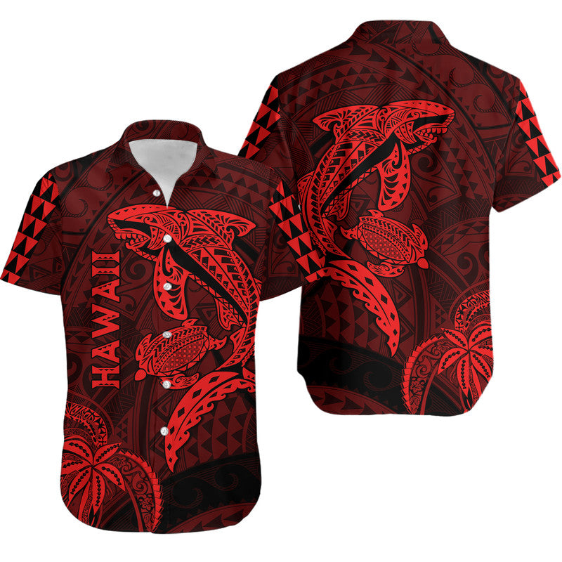 Hawaii Hawaiian Shirt Shark and Turtle Mix Kakau Red LT9 Red - Polynesian Pride