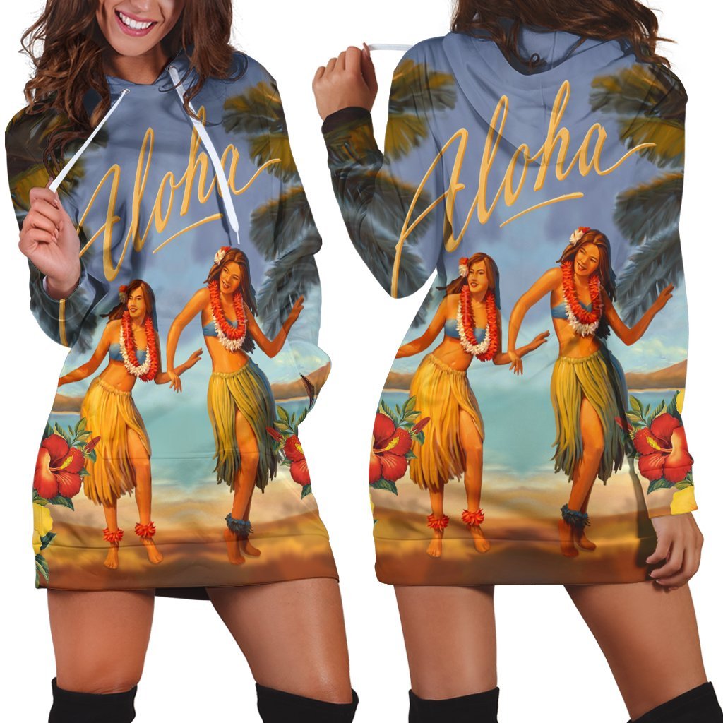 Hawaiian Aloha Hula Girl Hibiscus Polynesian Hoodie Dress - AH Black - Polynesian Pride