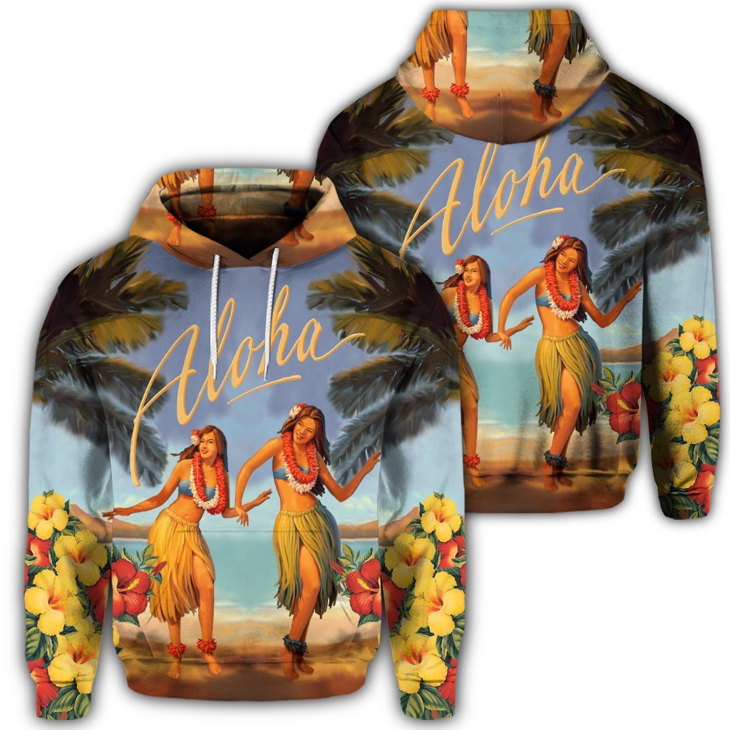 Hawaiian Aloha Hula Girl Hibiscus Polynesian Hoodie Unisex Art - Polynesian Pride