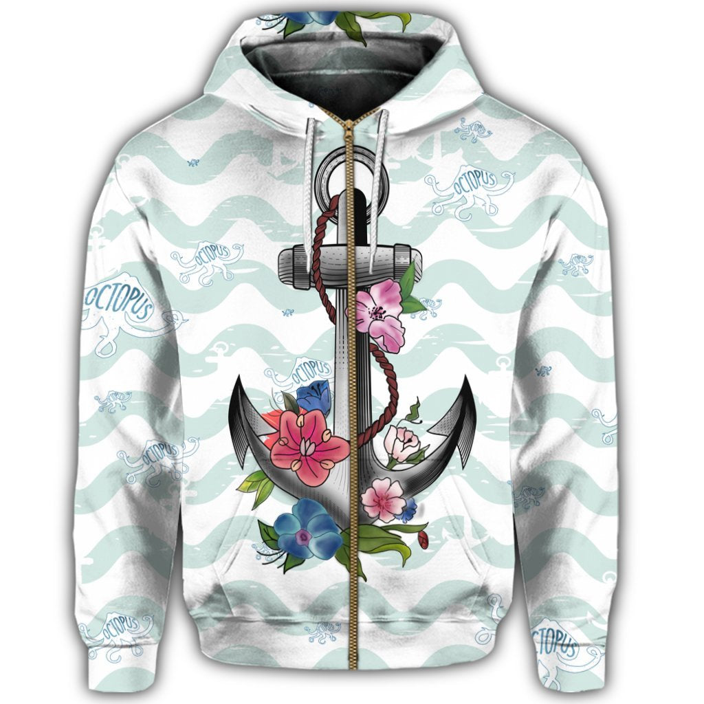 Hawaiian Anchor Hibiscus Wave Zip Hoodie - Polynesian Pride