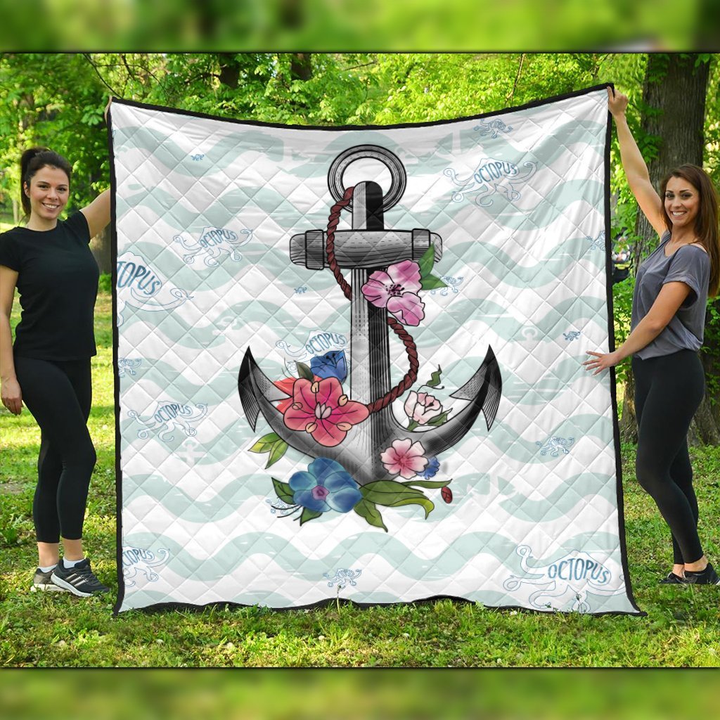 Hawaiian Anchor Hibiscus Wave Premium Quilts - AH Black - Polynesian Pride