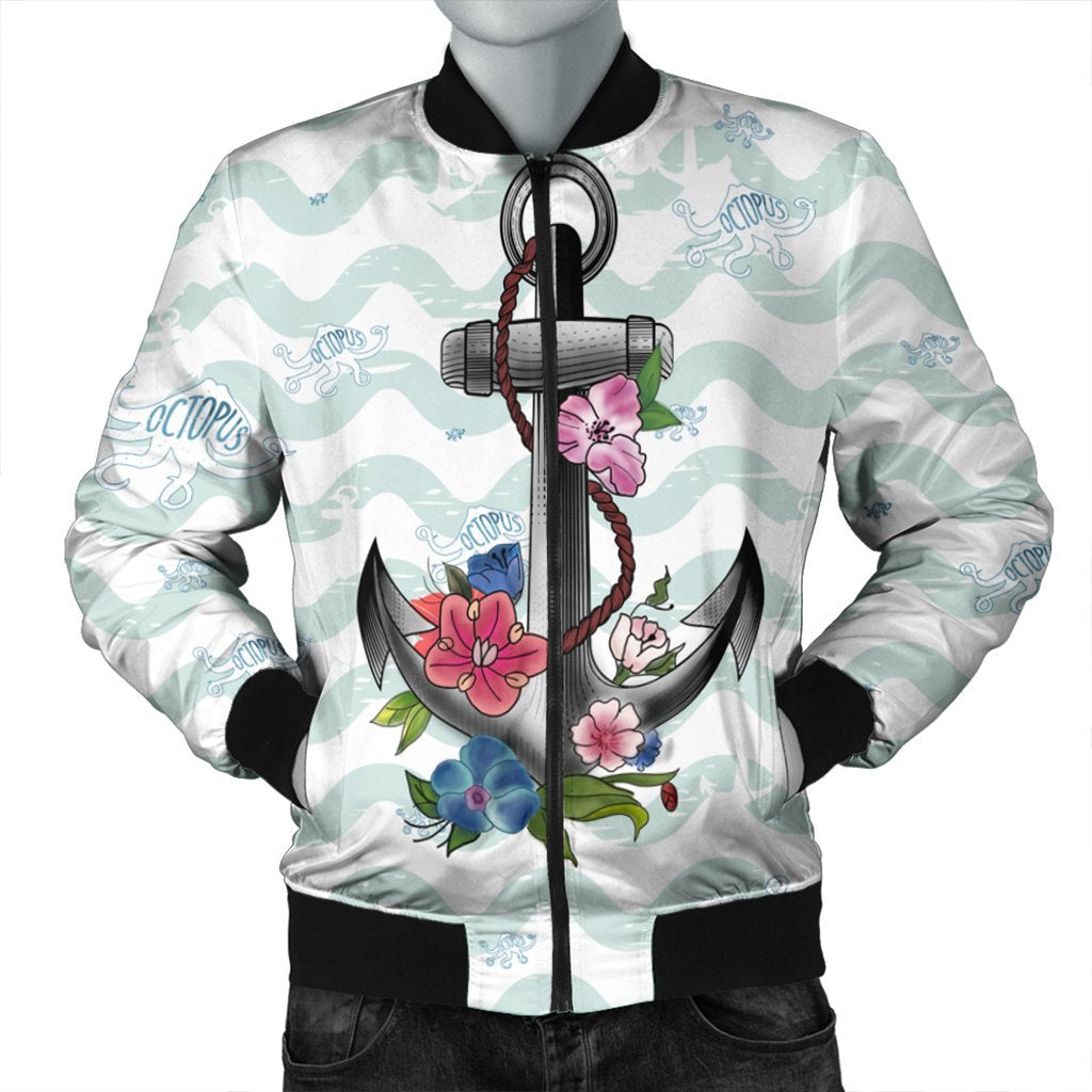 Hawaiian Anchor Hibiscus Wave Bomber Jacket - AH Black Unisex - Polynesian Pride