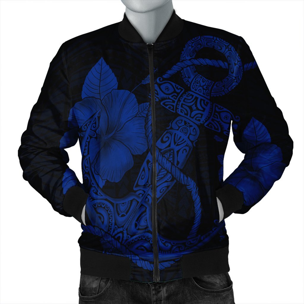 Hawaiian Anchor Poly Tribal Hibiscus Polynesian Bomber Jacket Blue - AH Black Unisex - Polynesian Pride