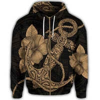 Hawaiian Anchor Poly Tribal Hibiscus Polynesian Zip Hoodie Gold - Polynesian Pride