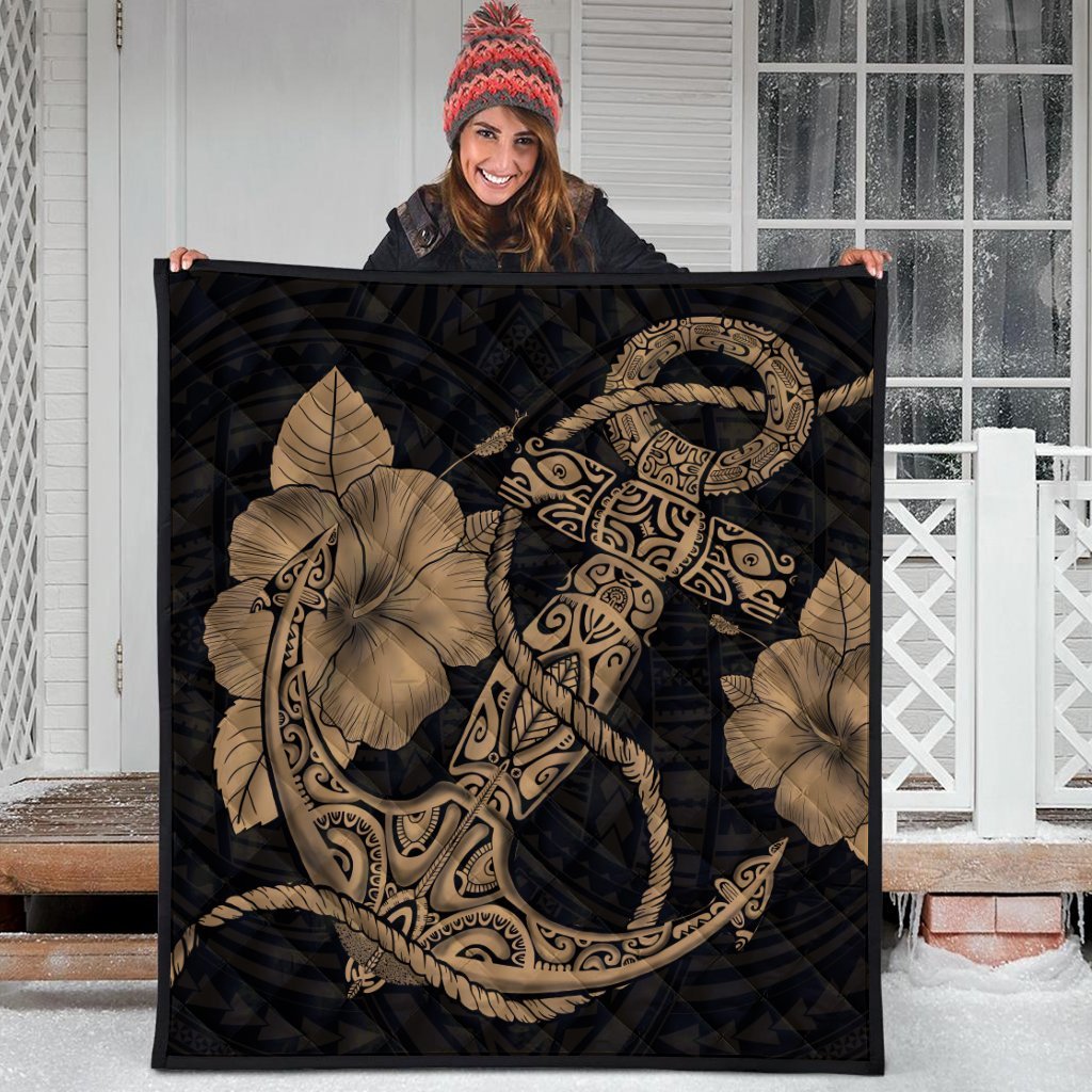 Hawaiian Anchor Poly Tribal Hibiscus Polynesian Premium Quilts Gold - AH - Polynesian Pride