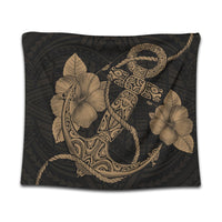 Hawaiian Anchor Poly Tribal Hibiscus Polynesian Tapestry Gold - AH Wall Tapestry Black - Polynesian Pride