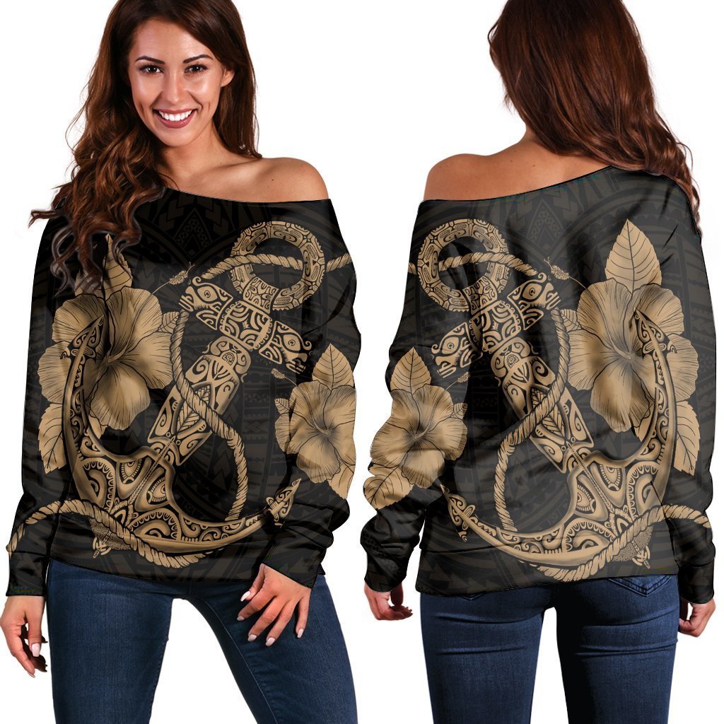 Hawaiian Anchor Poly Tribal Hibiscus Polynesian Women's Off Shoulder Sweater Gold - AH Black - Polynesian Pride