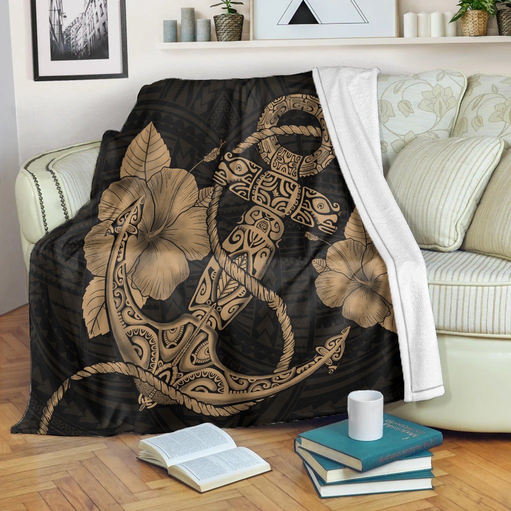 Hawaiian Anchor Poly Tribal Hibiscus Polynesian Premium Blankets Gold - AH White - Polynesian Pride