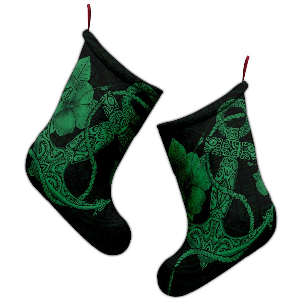 Hawaiian Anchor Poly Tribal Hibiscus Polynesian Christmas Stocking Green - AH - Polynesian Pride