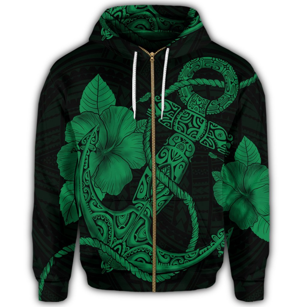 Hawaiian Anchor Poly Tribal Hibiscus Polynesian Zip Hoodie Green - Polynesian Pride