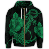 Hawaiian Anchor Poly Tribal Hibiscus Polynesian Zip Hoodie Green - Polynesian Pride