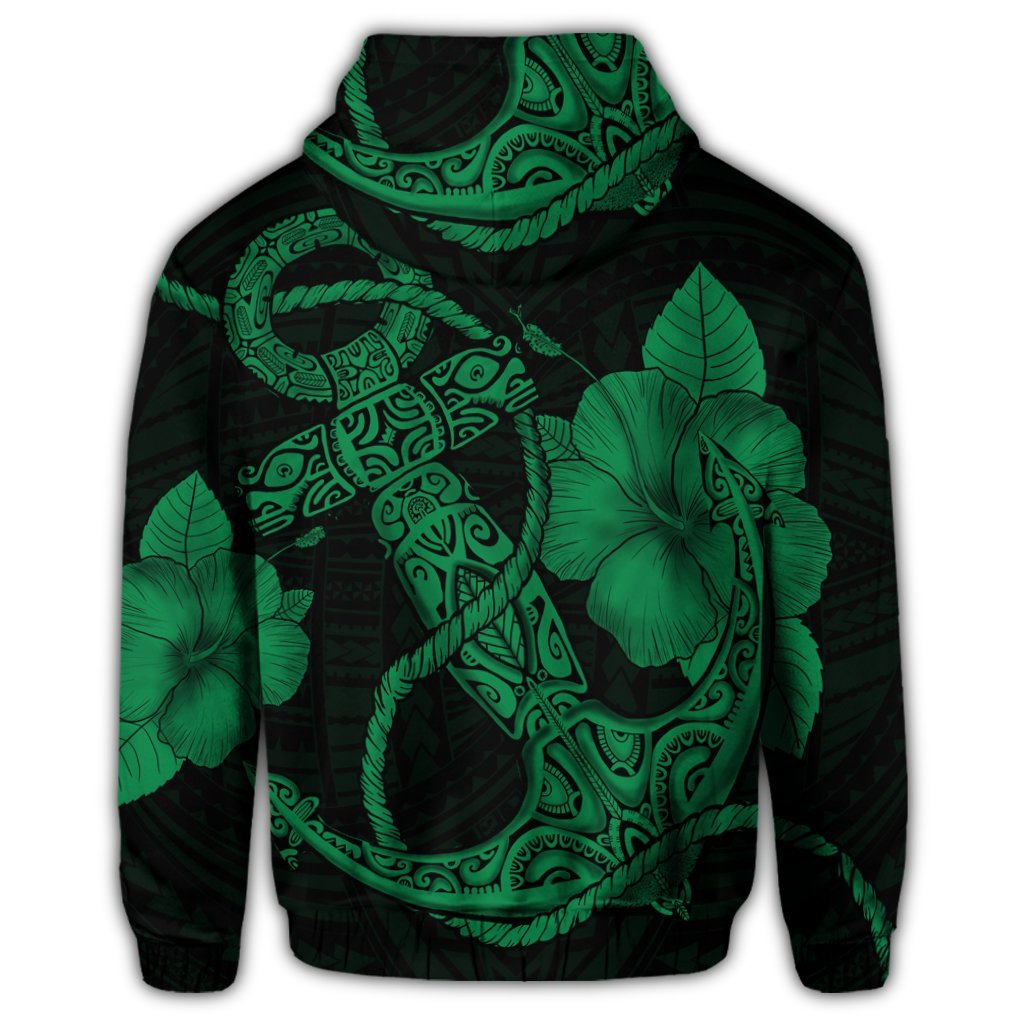 Hawaiian Anchor Poly Tribal Hibiscus Polynesian Zip Hoodie Green - Polynesian Pride