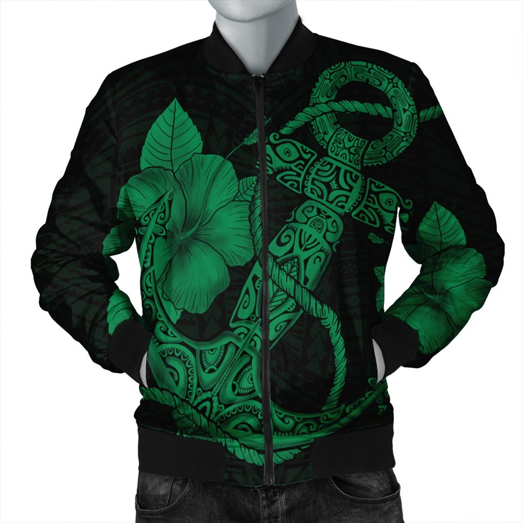 Hawaiian Anchor Poly Tribal Hibiscus Polynesian Bomber Jacket Green - AH Black Unisex - Polynesian Pride