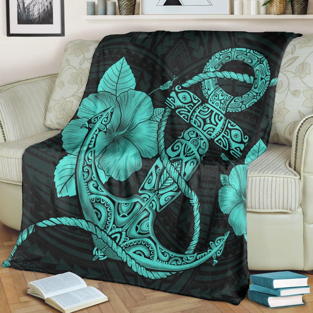 Hawaiian Anchor Poly Tribal Hibiscus Polynesian Premium Blankets Turquoise - AH - Polynesian Pride