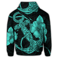 Hawaiian Anchor Poly Tribal Hibiscus Polynesian Hoodie Turquoise - Polynesian Pride