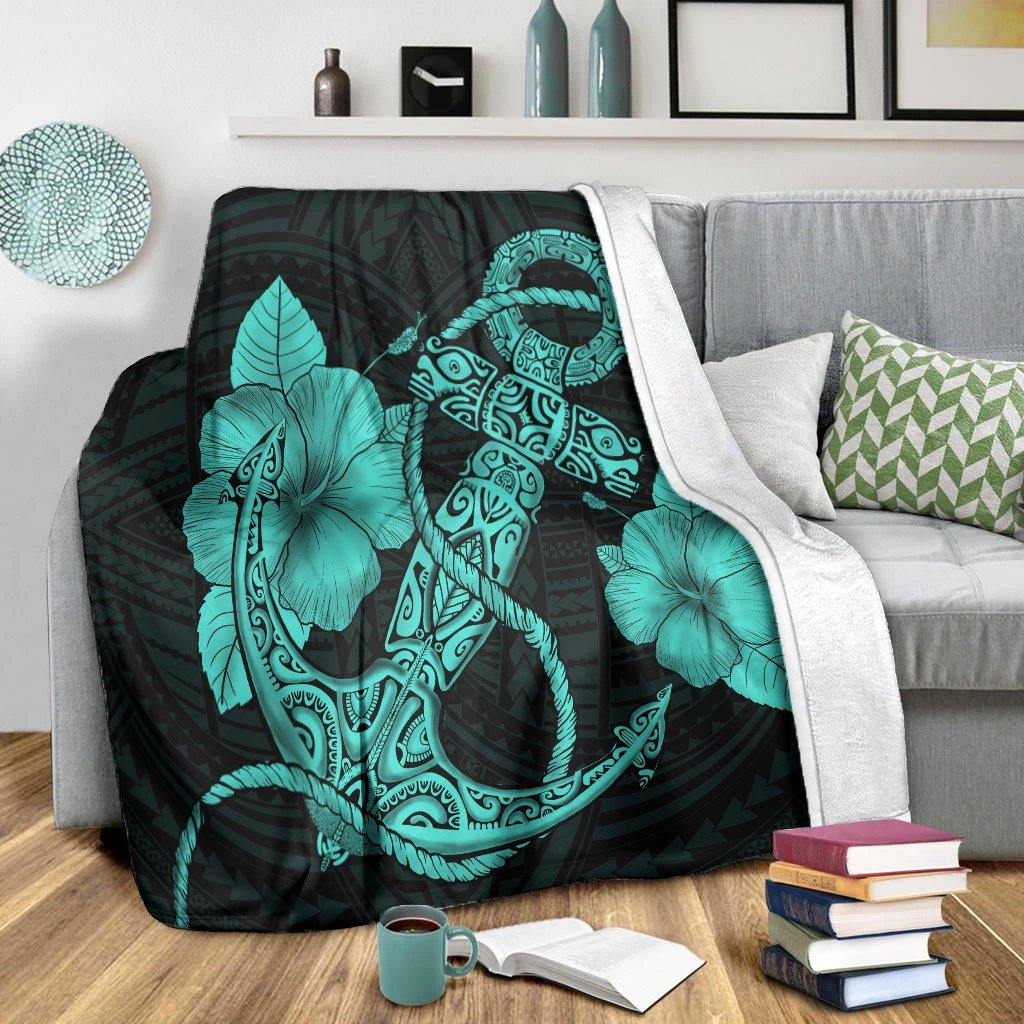 Hawaiian Anchor Poly Tribal Hibiscus Polynesian Premium Blankets Turquoise - AH - Polynesian Pride