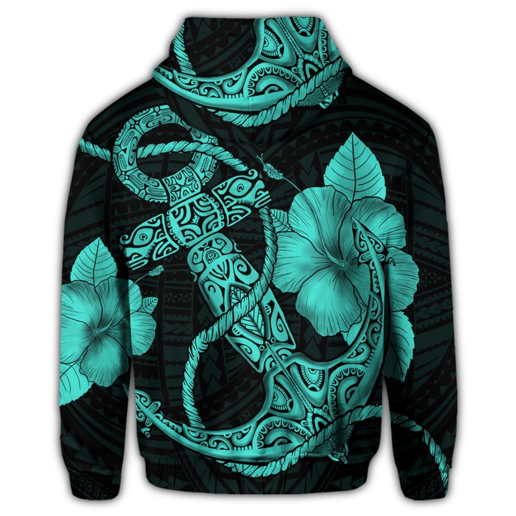 Hawaiian Anchor Poly Tribal Hibiscus Polynesian Zip Hoodie Turquoise - Polynesian Pride