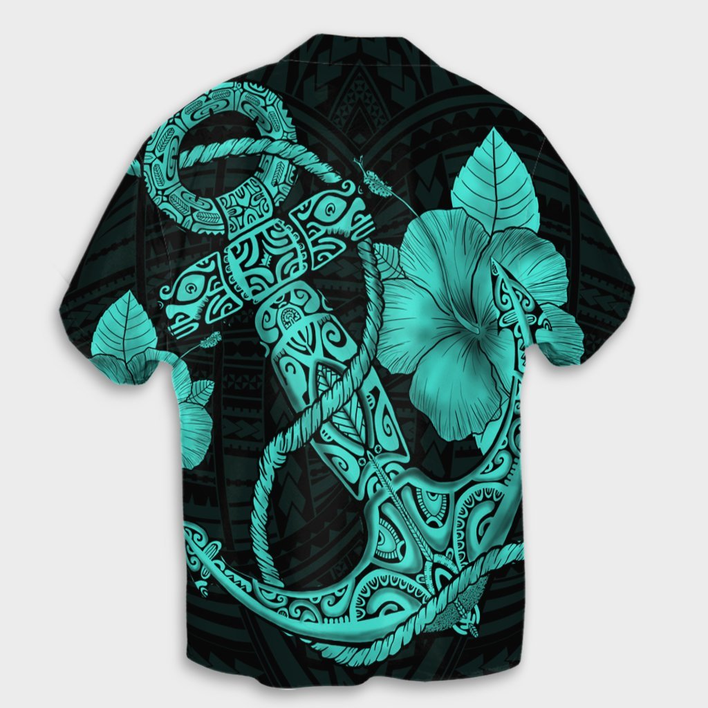 Hawaiian Anchor Poly Tribal Hibiscus Polynesian Hawaiian Shirt Turquoise - AH - Polynesian Pride