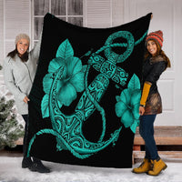 Hawaiian Anchor Poly Tribal Hibiscus Polynesian Premium Blankets Turquoise - AH - Polynesian Pride