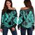 Hawaiian Anchor Poly Tribal Hibiscus Polynesian Women's Off Shoulder Sweater Turquoise - AH Black - Polynesian Pride