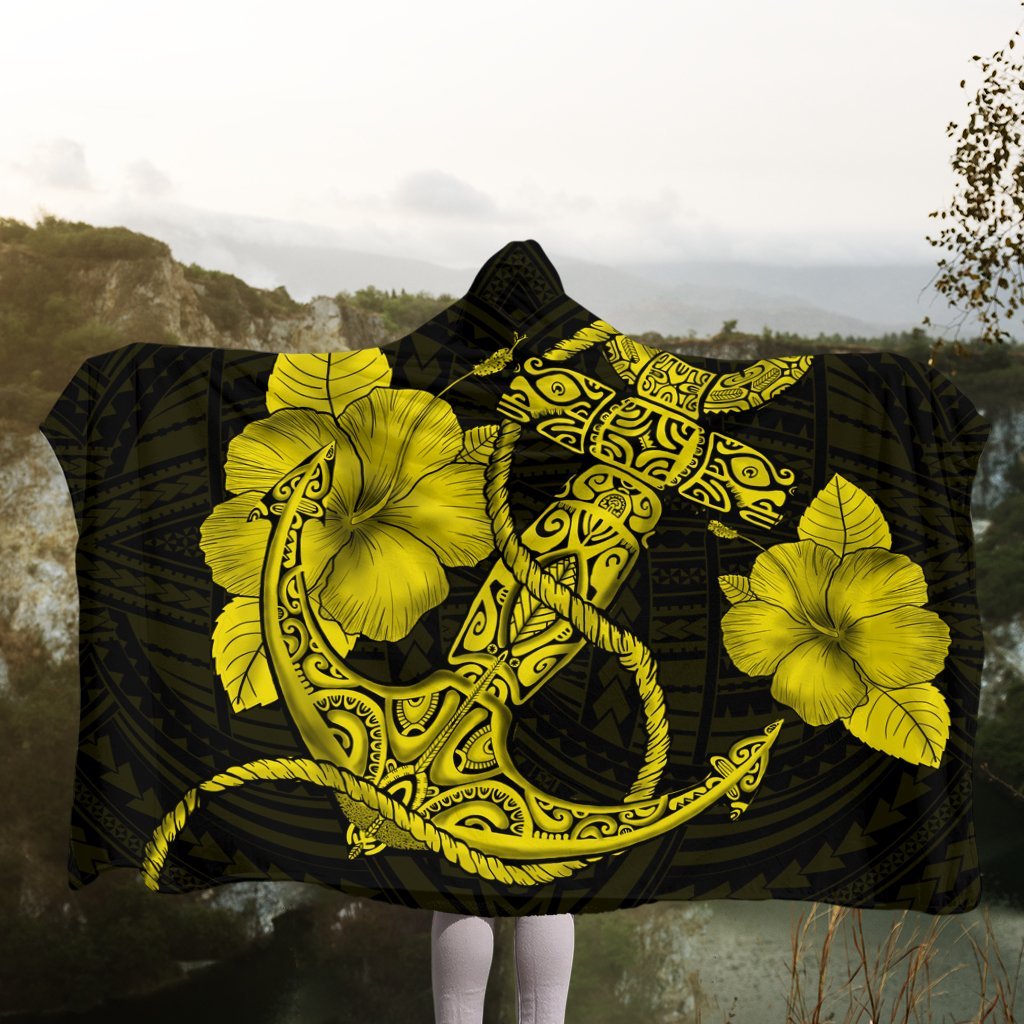 Hawaiian Anchor Poly Tribal Hibiscus Polynesian Hooded Blanket Yellow - AH - Polynesian Pride