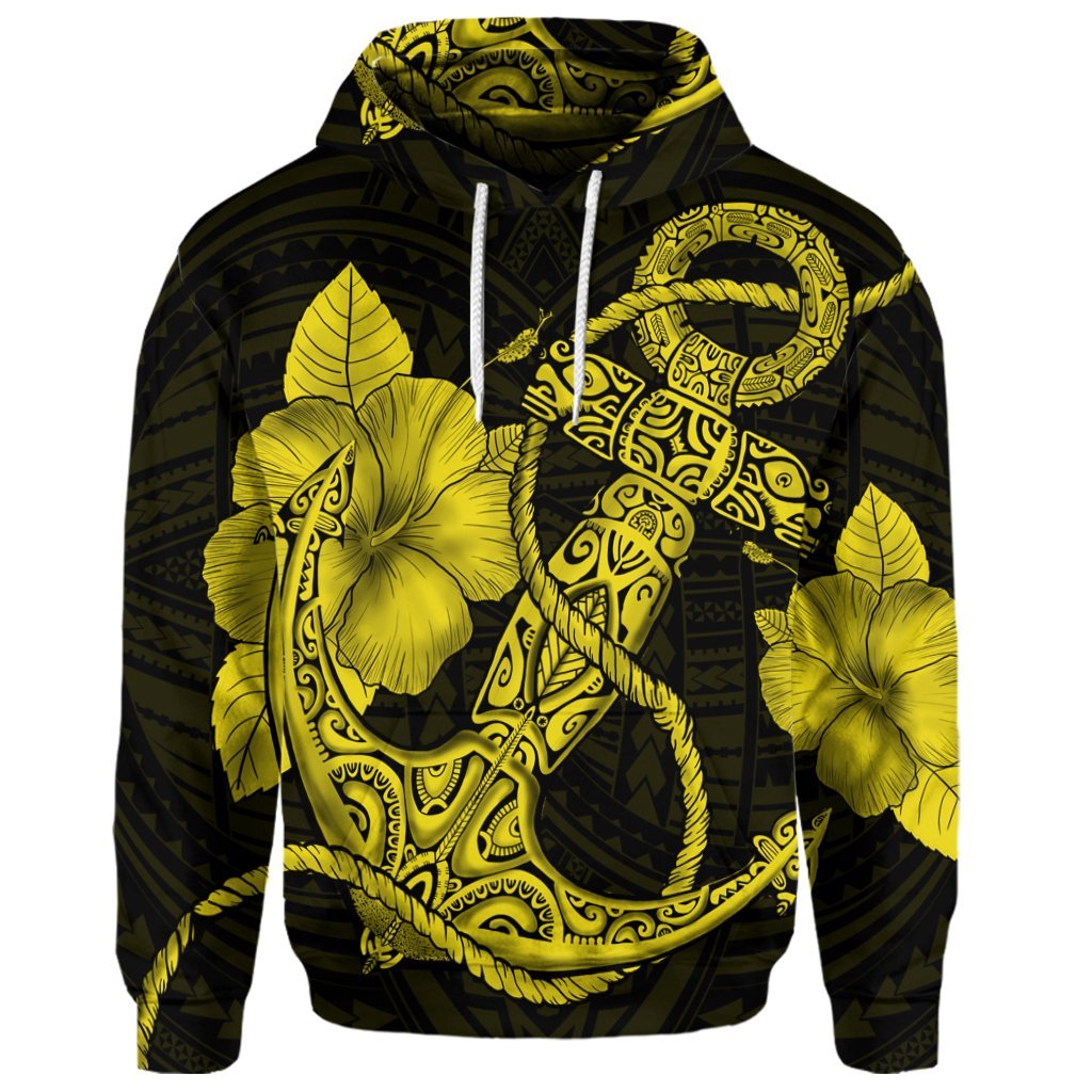 Custom Hawaiian Anchor Poly Tribal Hibiscus Polynesian Hoodie Yellow - Polynesian Pride