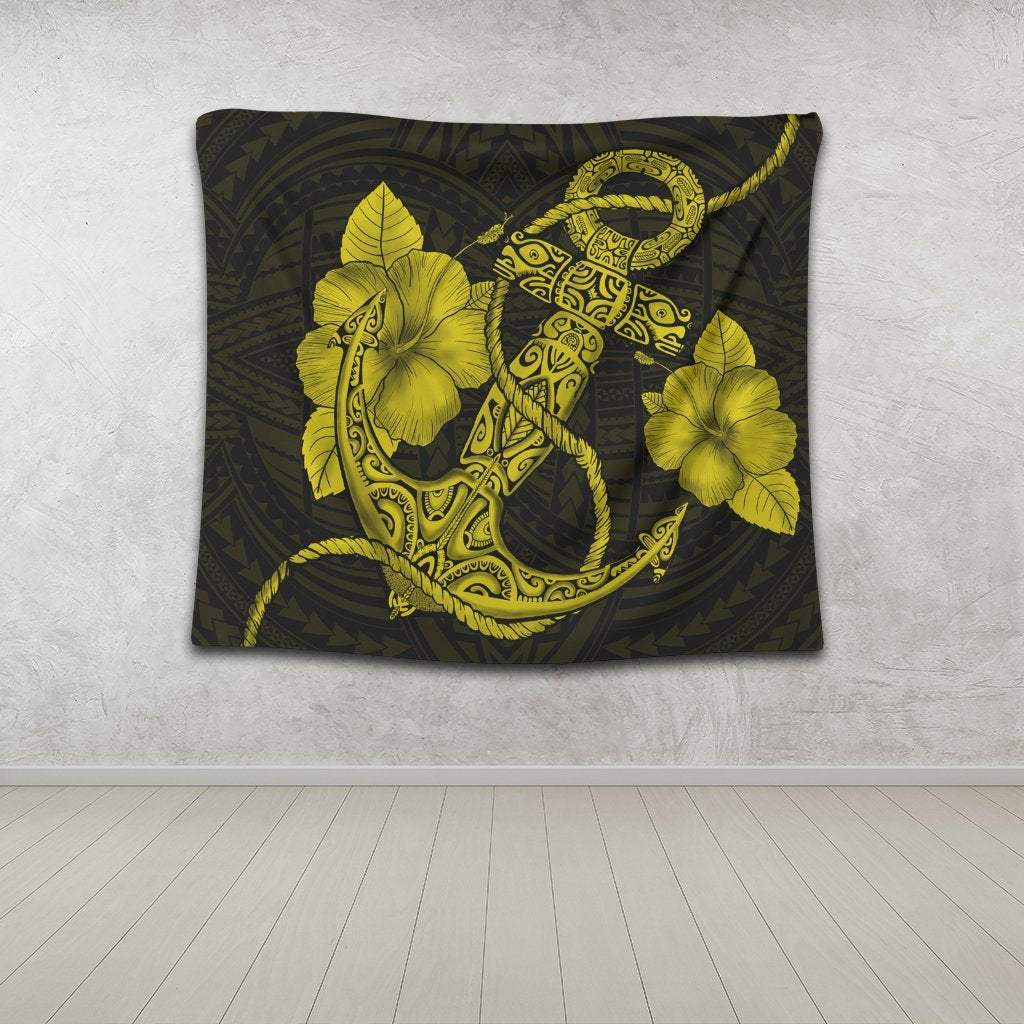 Hawaiian Anchor Poly Tribal Hibiscus Polynesian Tapestry Yellow - AH - Polynesian Pride