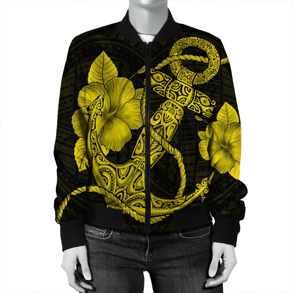 Hawaiian Anchor Poly Tribal Hibiscus Polynesian Bomber Jacket Yellow - AH - Polynesian Pride