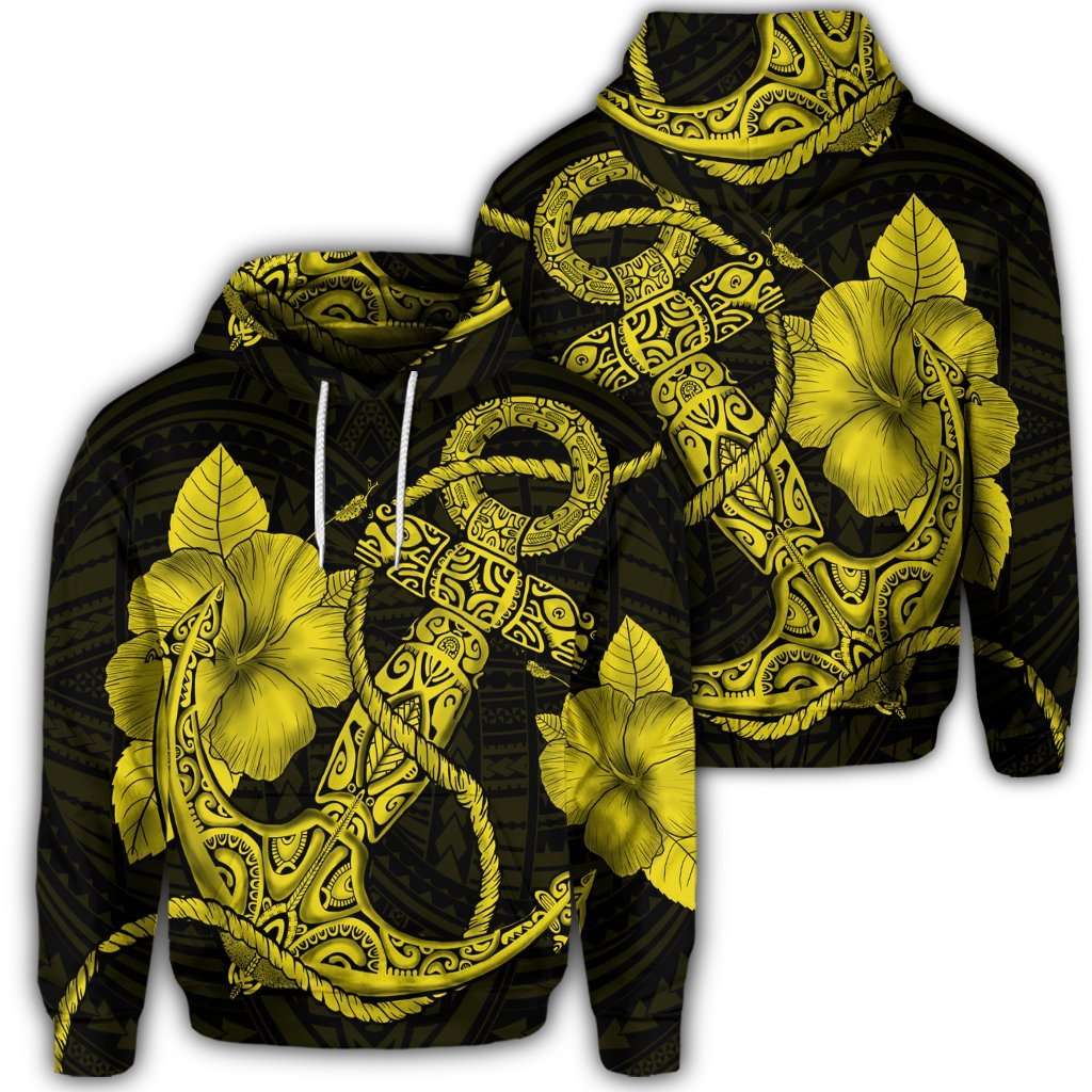 Hawaiian Anchor Poly Tribal Hibiscus Polynesian Hoodie Yellow Unisex Art - Polynesian Pride