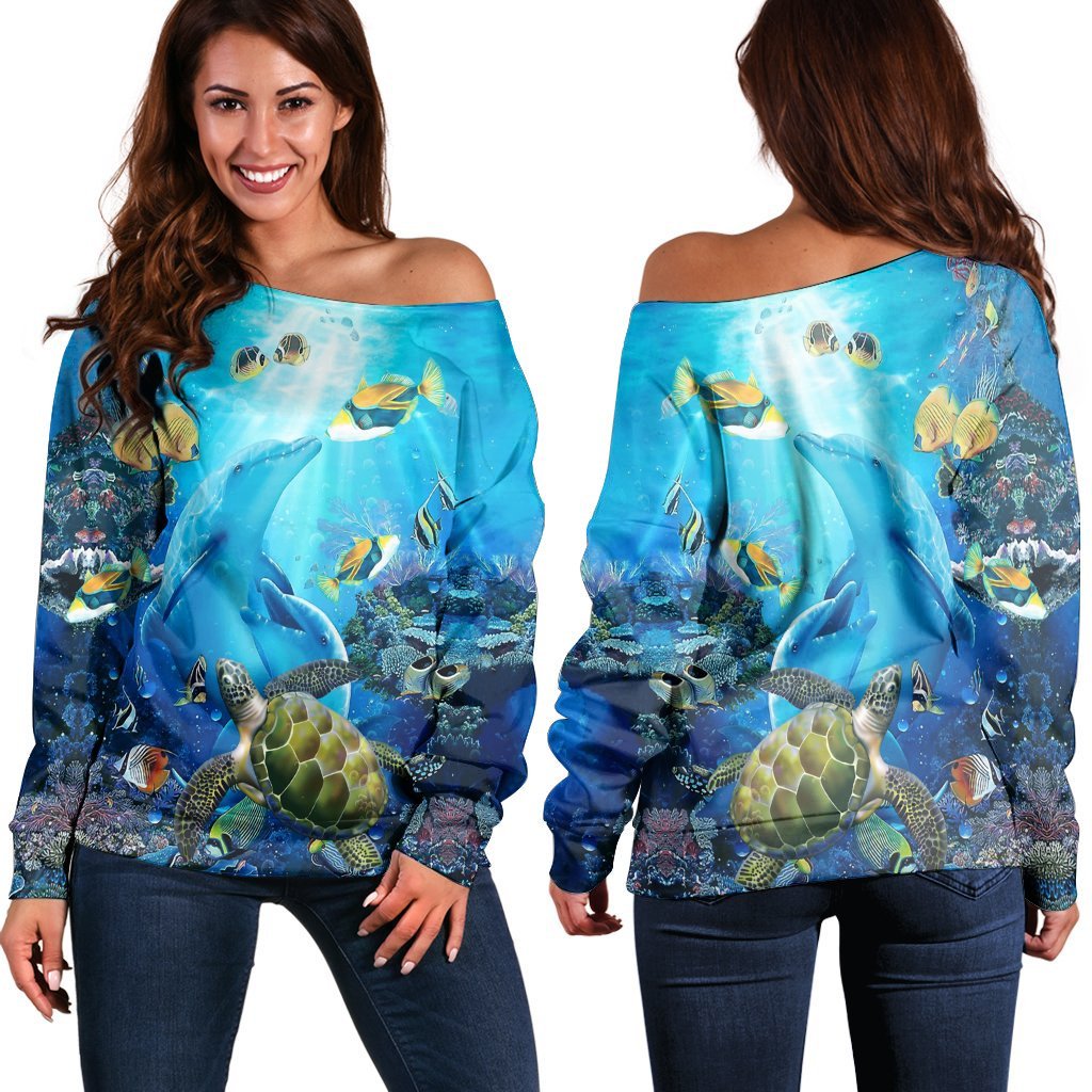 Hawaiian Animal Ocean Women's Off Shoulder Sweater - AH Black - Polynesian Pride