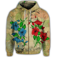 Hawaiian Blue and Red Hibiscus Polynesian Zip Hoodie - Polynesian Pride