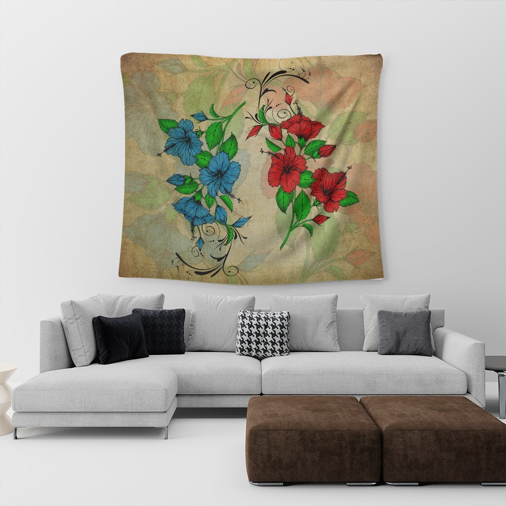 Hawaiian Blue And Red Hibiscus Polynesian Tapestry - AH - Polynesian Pride