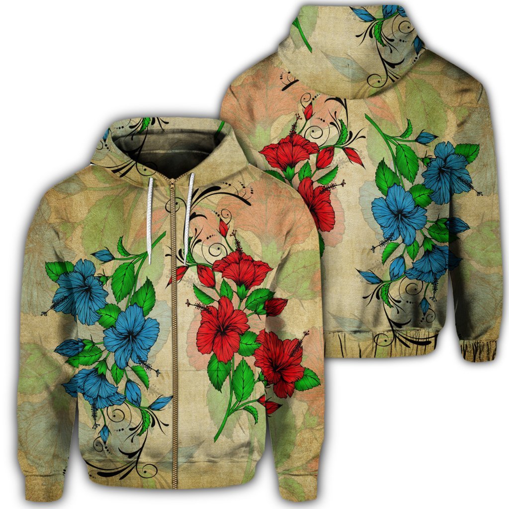 Hawaiian Blue and Red Hibiscus Polynesian Zip Hoodie Unisex Art - Polynesian Pride
