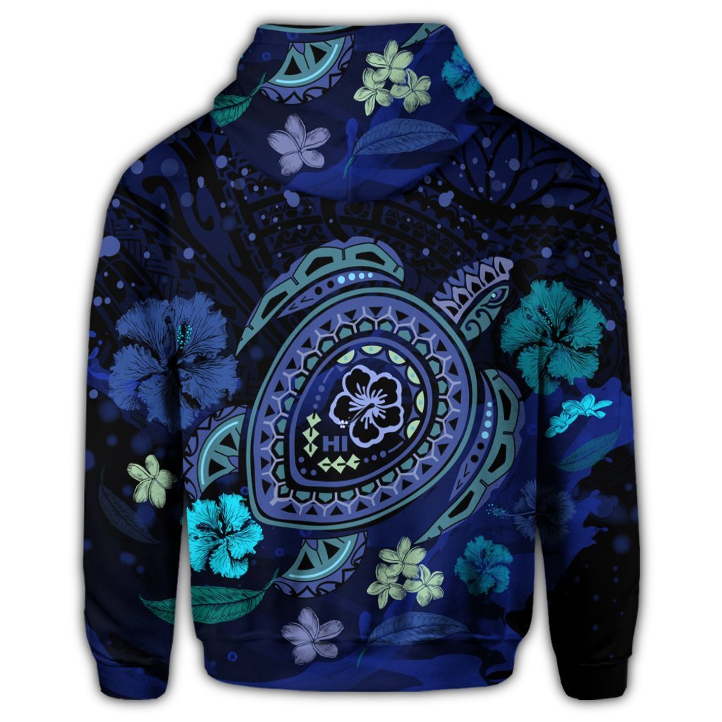 Hawaiian Blue Ocean Honu and Flowers Zip Hoodie - Polynesian Pride
