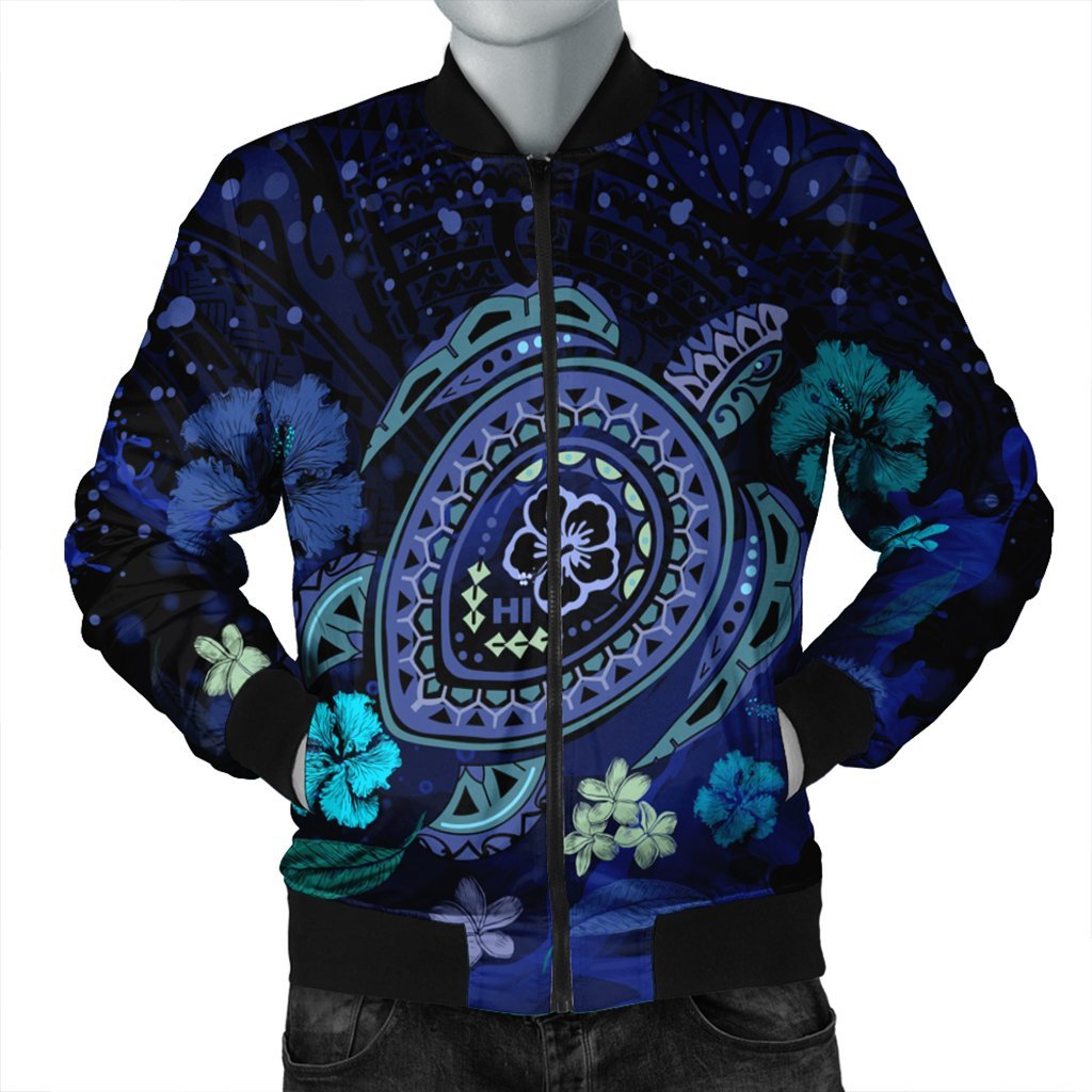 Hawaiian Blue Ocean Honu And Flowers Bomber Jacket AH Black Unisex - Polynesian Pride