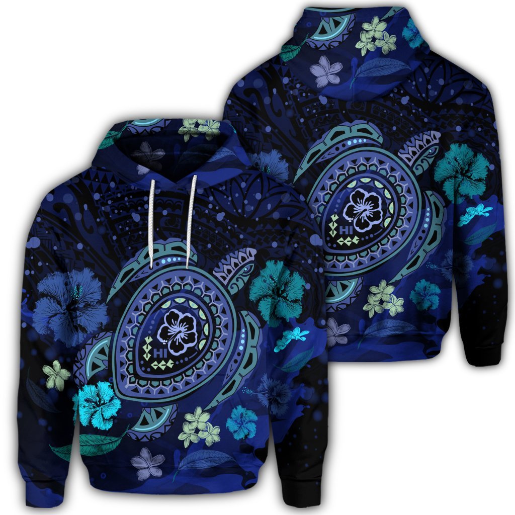 Hawaiian Blue Ocean Honu and Flowers Hoodie Unisex Art - Polynesian Pride