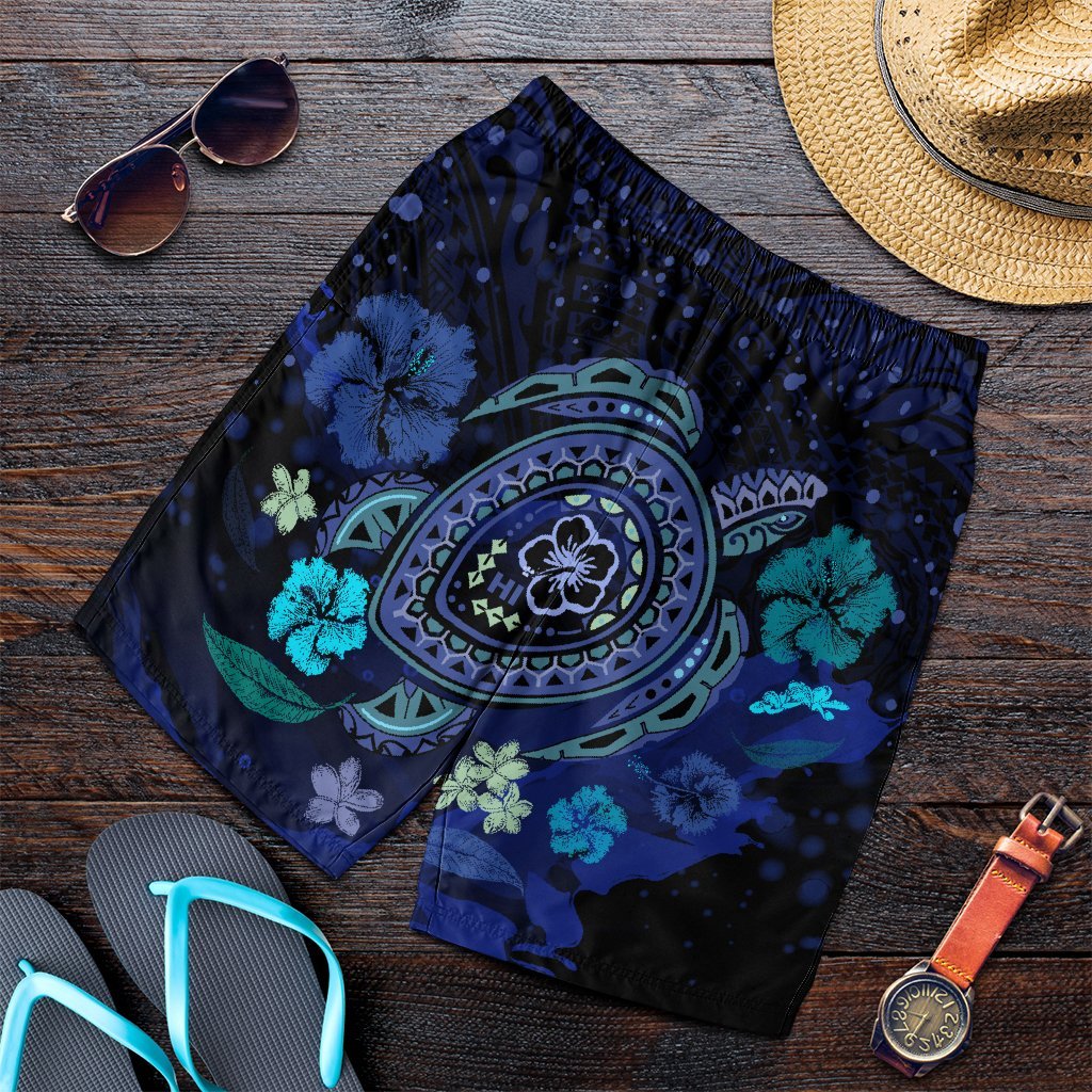 Hawaiian Blue Ocean Honu And Flowers Men's Shorts AH Art - Polynesian Pride