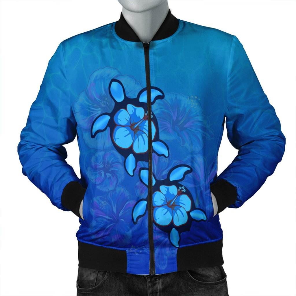 Hawaiian Blue Turtle and Hibiscus Polynesian Bomber Jacket - AH Black Unisex - Polynesian Pride