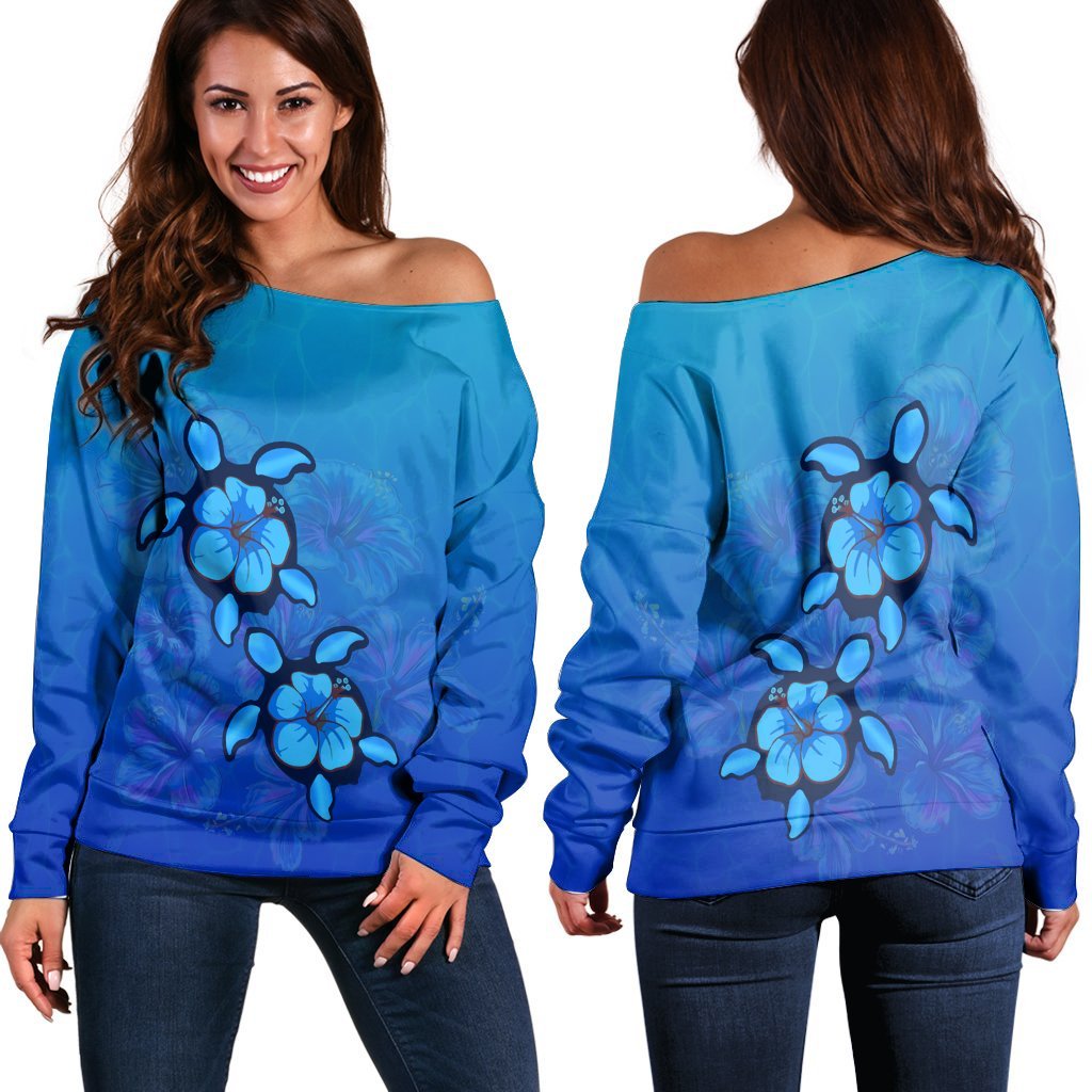 Hawaiian Blue Turtle and Hibiscus Polynesian Women's Off Shoulder Sweater - AH Black - Polynesian Pride