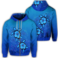 Hawaiian Blue Turtle and Hibiscus Polynesian Zip Hoodie Unisex Art - Polynesian Pride