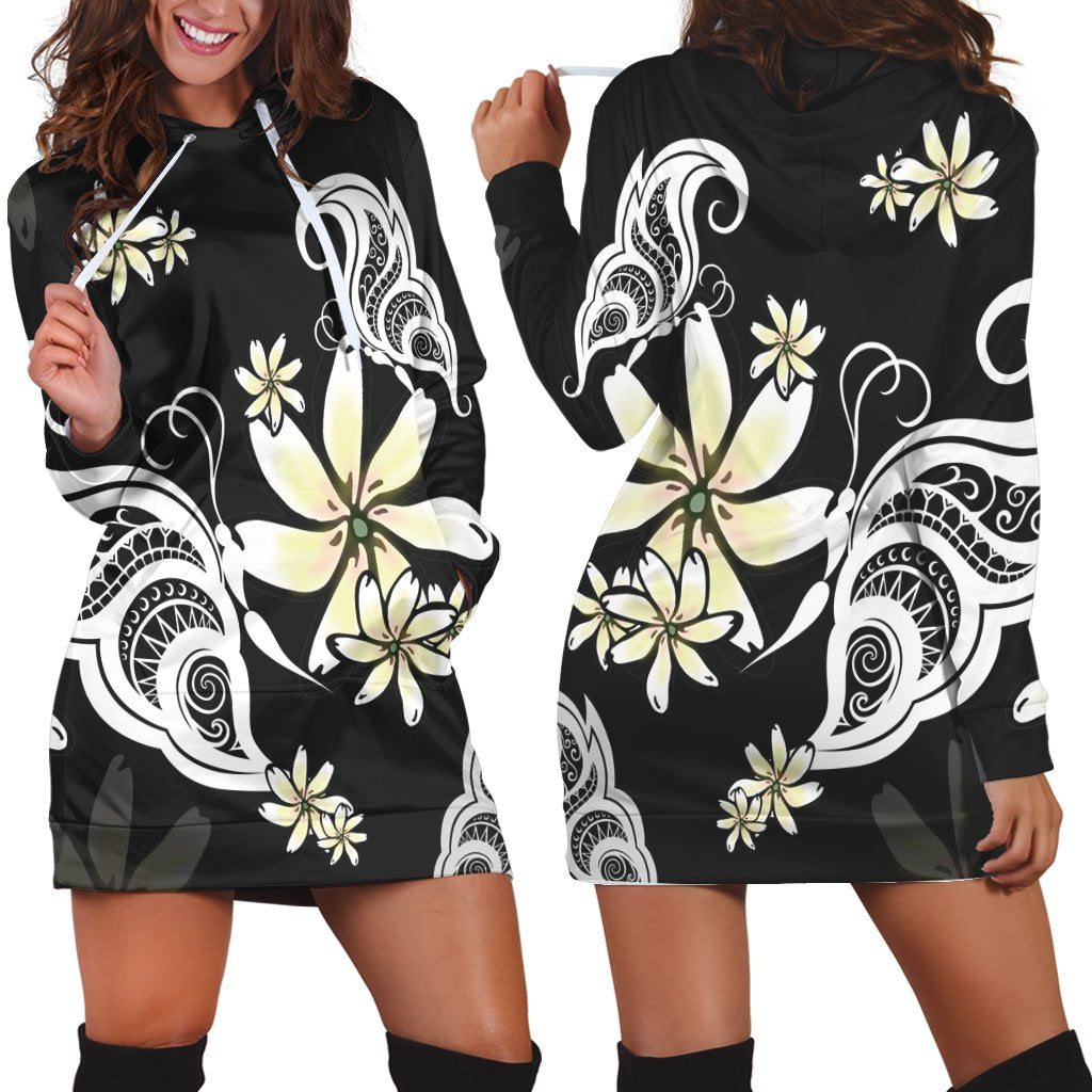 Hawaiian Butterfly Plumeria Polynesian Hoodie Dress - AH Black - Polynesian Pride