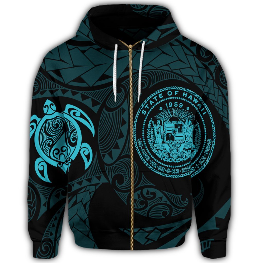 Hawaiian Coat of Arms Turtle Polynesian Zip Hoodie Blue - Polynesian Pride