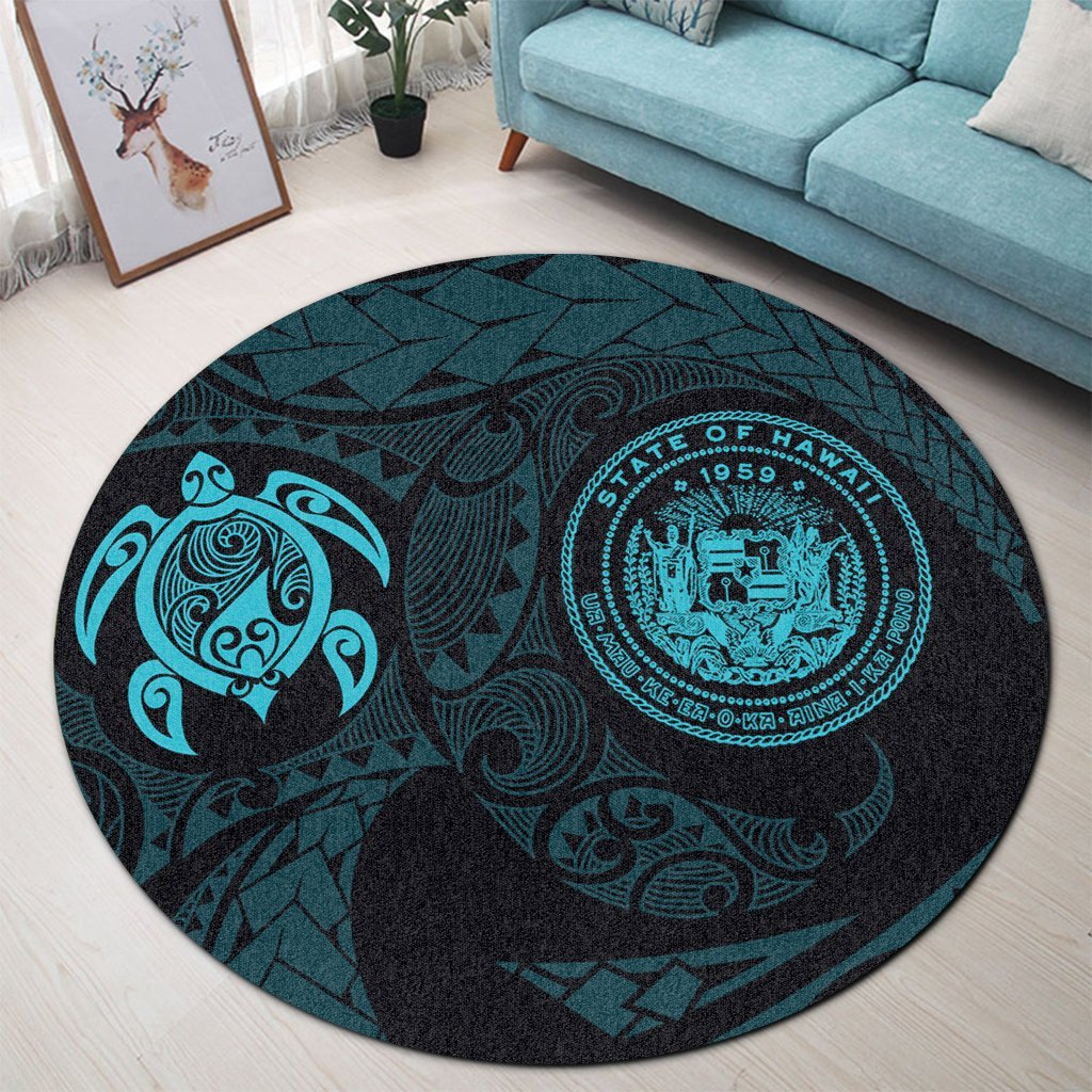 Hawaiian Coat Of Arms Turtle Polynesian Round Carpet Blue AH - Polynesian Pride